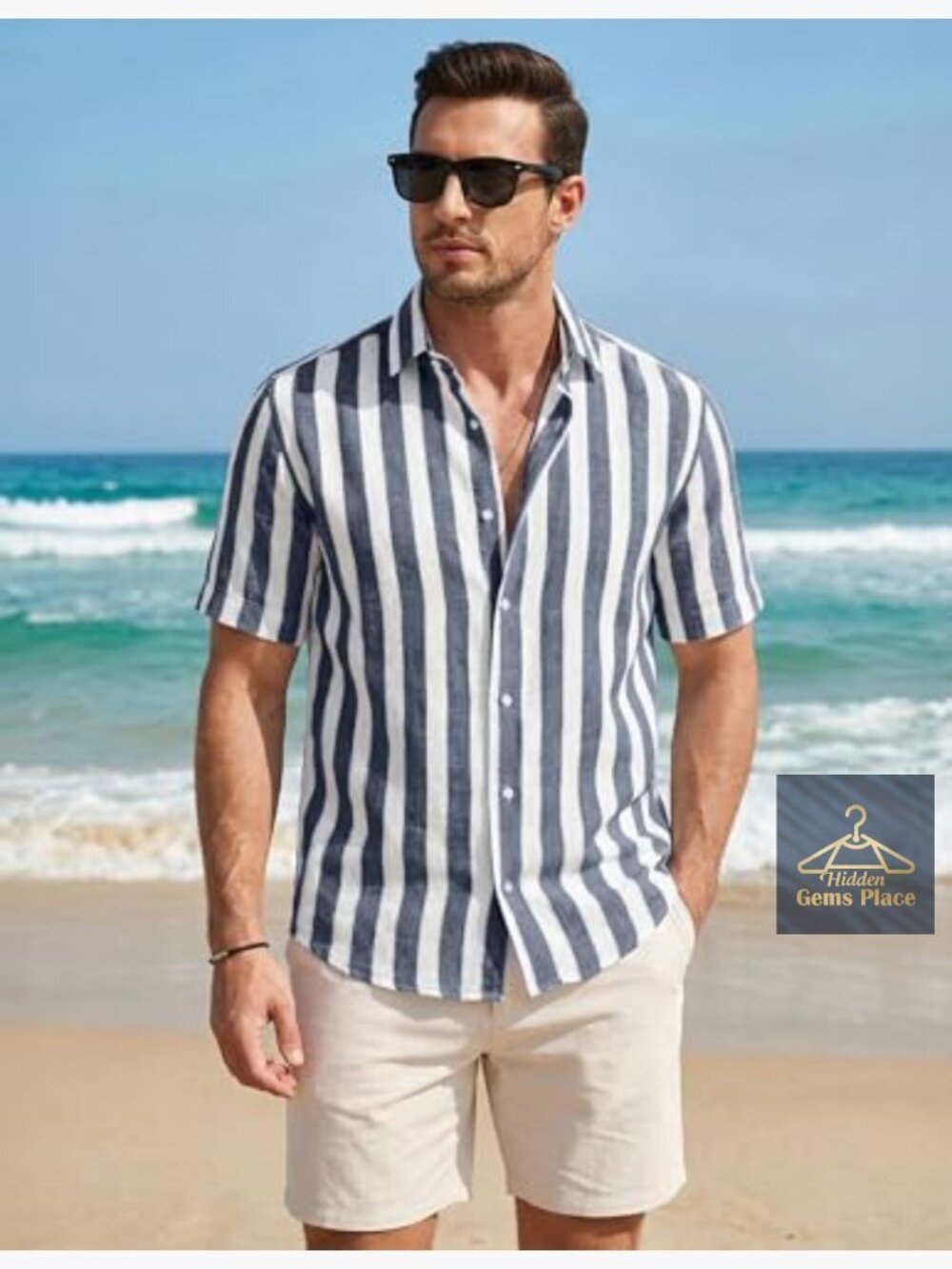 Cotton Button Down Dress Shirt Short Sleeve Casual Striped Beach shirt - Picture 2 of 7